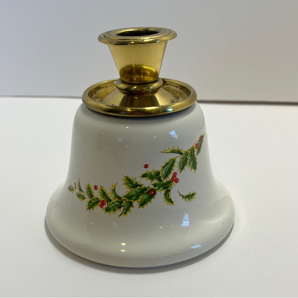 Vintage Teleflora White Ceramic Christmas Bell Shaped Holly Brass Candle
Holder